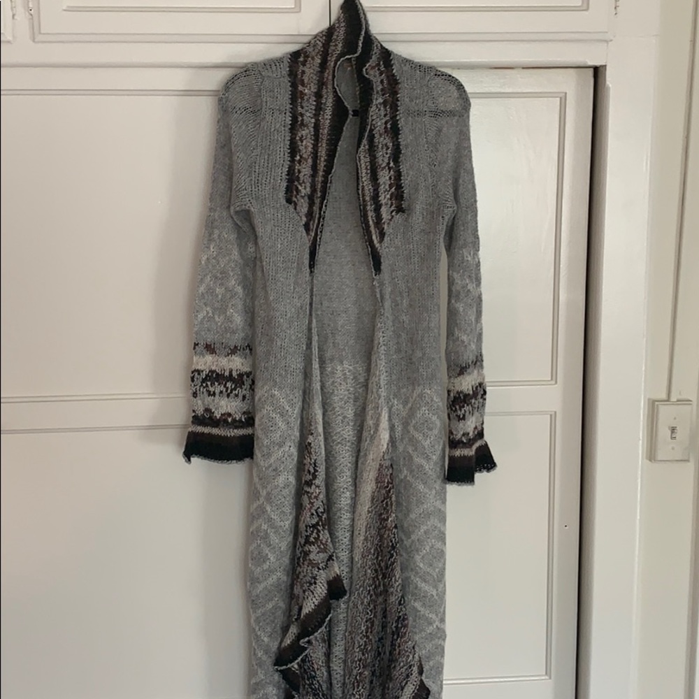 Free People Light Gray Knit Longline Cardigan with Brown & Black Accents